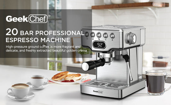 Geek Chef 20‑Bar Stainless Steel Espresso Machine with Built‑In Milk Frother – 1.8 L Home Coffee Maker for Lattes, Cappuccinos & Macchiatos