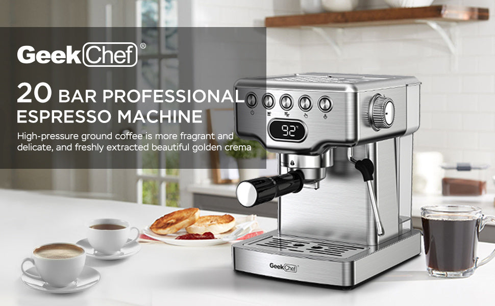 Geek Chef 20‑Bar Stainless Steel Espresso Machine with Built‑In Milk Frother – 1.8 L Home Coffee Maker for Lattes, Cappuccinos & Macchiatos