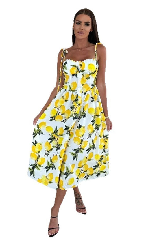 Off-neck Color Printing Slip Dress