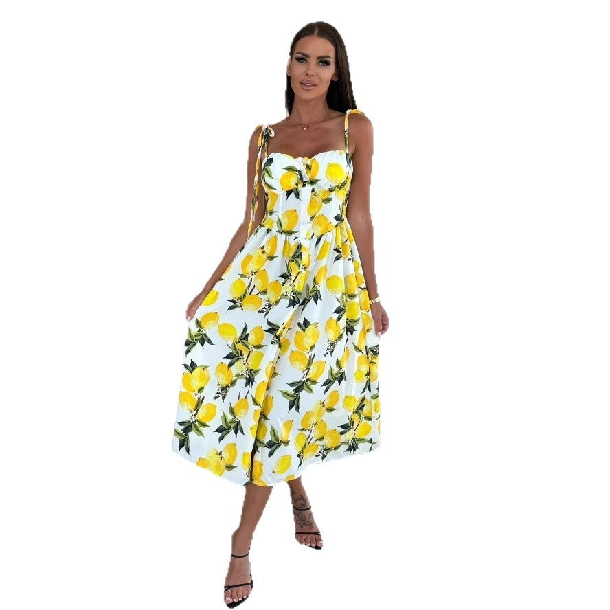 Off-neck Color Printing Slip Dress