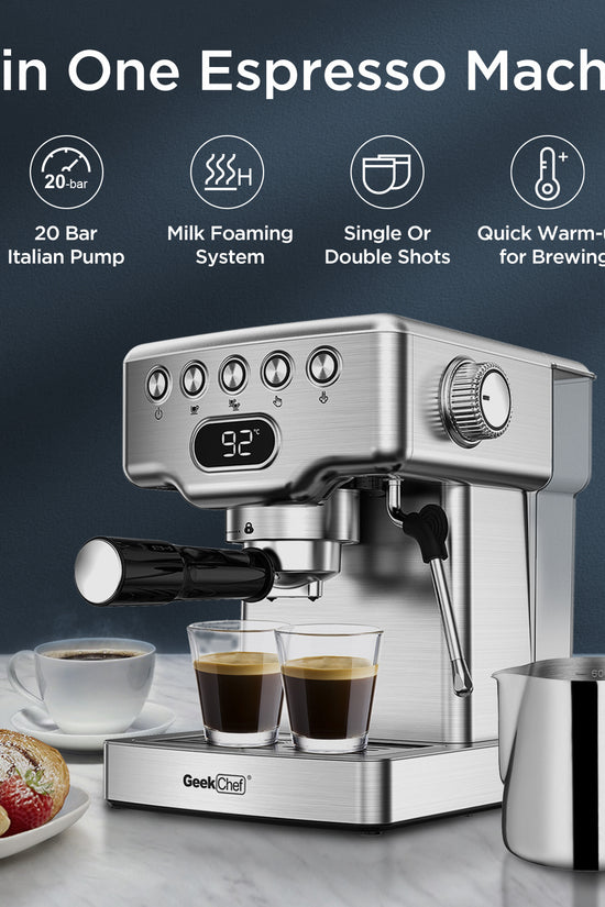 Geek Chef 20‑Bar Stainless Steel Espresso Machine with Built‑In Milk Frother – 1.8 L Home Coffee Maker for Lattes, Cappuccinos & Macchiatos