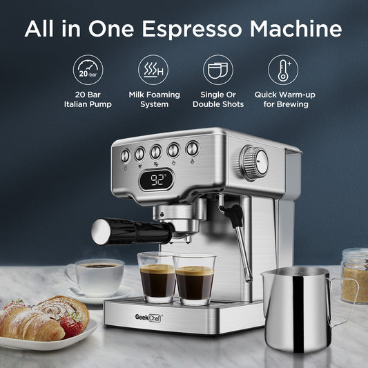 Geek Chef 20‑Bar Stainless Steel Espresso Machine with Built‑In Milk Frother – 1.8 L Home Coffee Maker for Lattes, Cappuccinos & Macchiatos