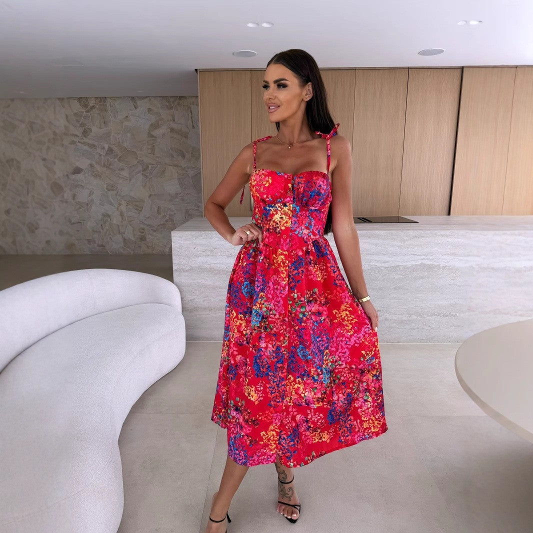 Off-neck Color Printing Slip Dress
