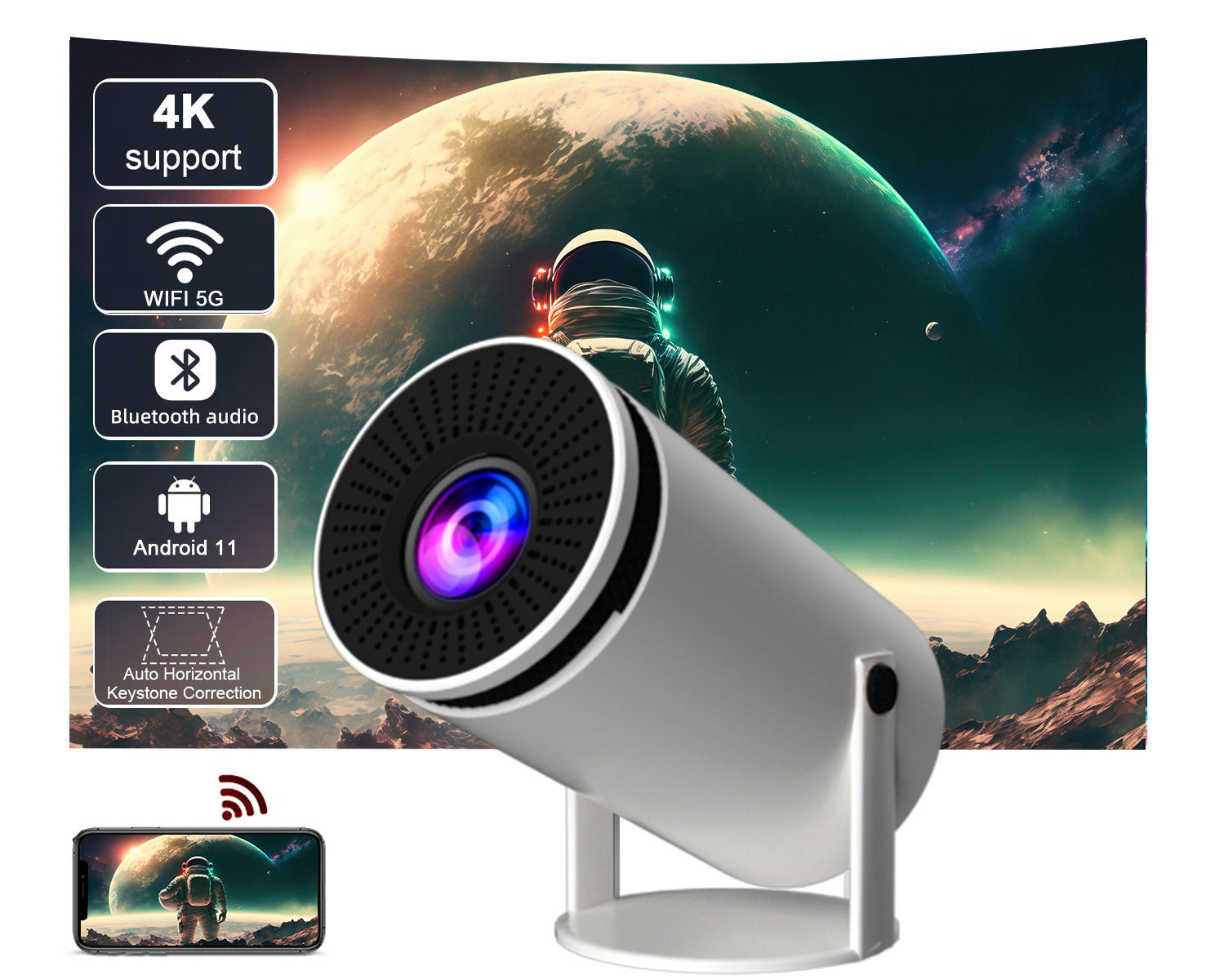 HY300 Smart Barrel Projector with AnzhuoHD - Home Cinema Projection Screen