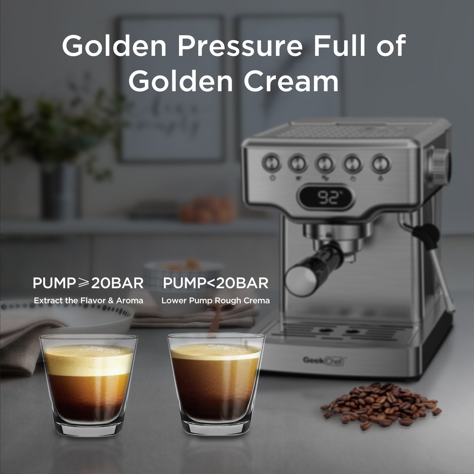 Geek Chef 20‑Bar Stainless Steel Espresso Machine with Built‑In Milk Frother – 1.8 L Home Coffee Maker for Lattes, Cappuccinos & Macchiatos