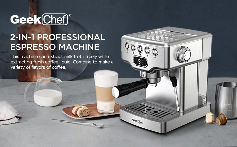 Geek Chef 20‑Bar Stainless Steel Espresso Machine with Built‑In Milk Frother – 1.8 L Home Coffee Maker for Lattes, Cappuccinos & Macchiatos